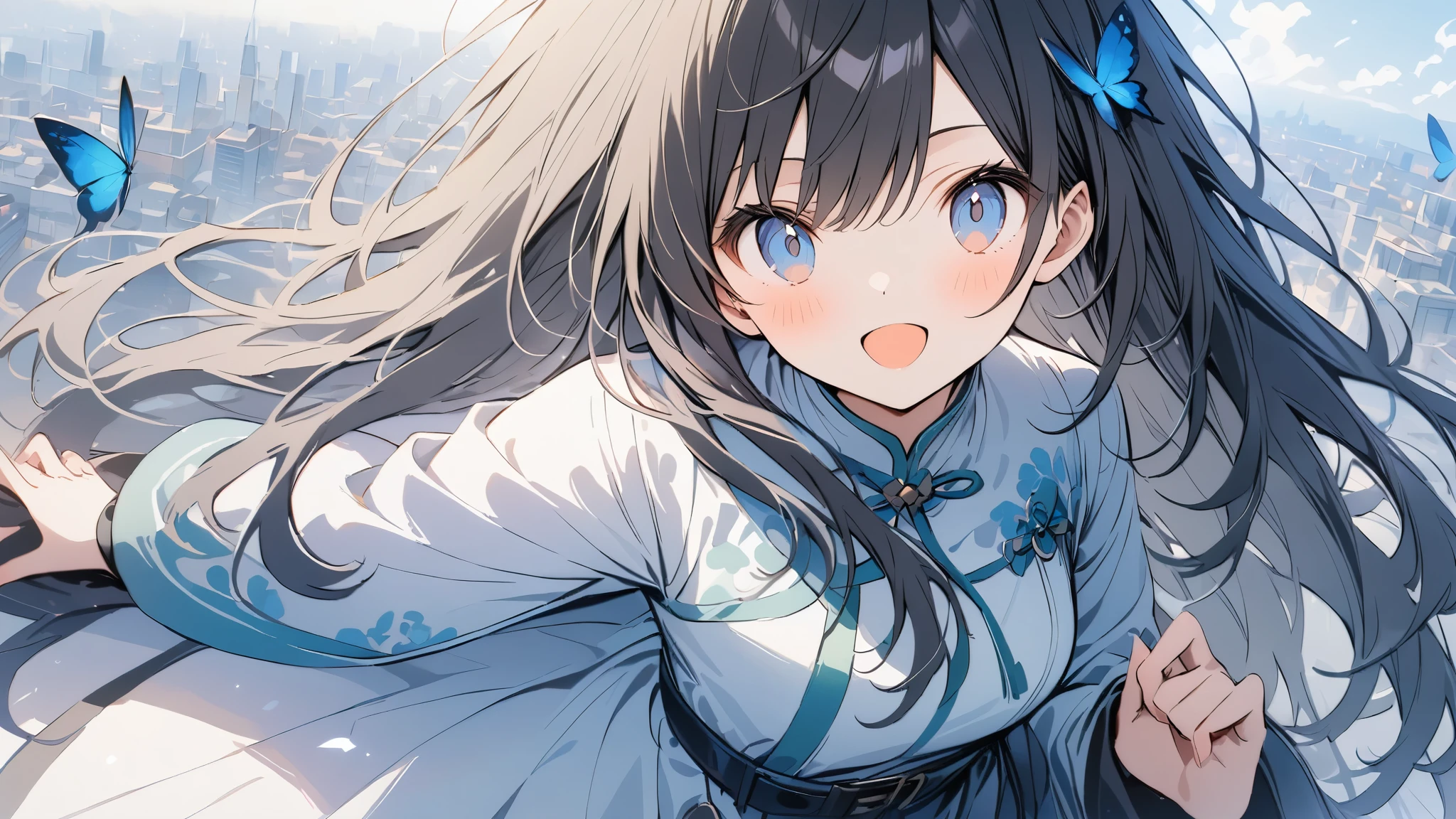 Artistic techniques、Very detailed、Very absurd、超High resolution, Attention to detail, high quality, High resolution, 最high quality, 4K, 8K, Awards、((ao dai))、Pale sky blue color、cute,Black Hair、Long Hair、Butterflies flying around、Vietnam cityscape background、(Wallpaper-style design)