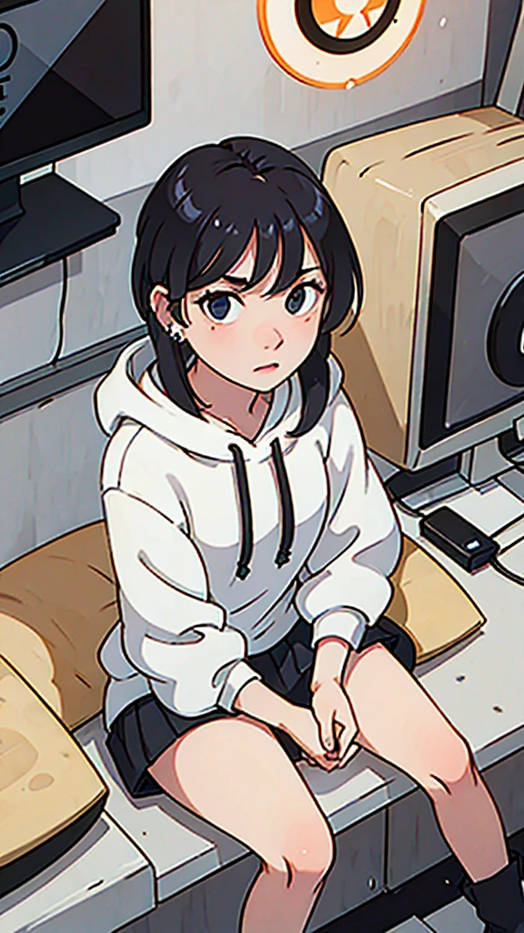 hoodie, earring, sitting, in front of computer