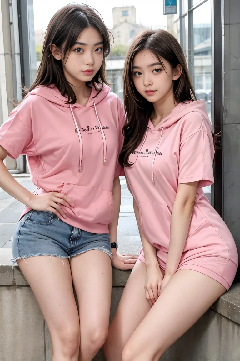 deux femmes ensemble de 18 ans sexy et mince , pink short sleeve hoodie , salle de classe, se touche,position sey,sensuel,visible legs,