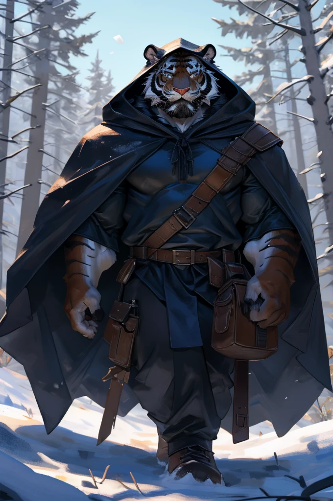 By Taran fiddler, solo, male, orange tiger man, dressed in a cloak and satchel, muscular, older male, wearing hood, cloak hiding face, eyes hidden by cloak hood, beard, walking towards viewer, smaller silhouette behind the tiger, forest background, snowy, establishing camera shot, character is far in the background, zoomed out, dynamic angles, dynamic posing.