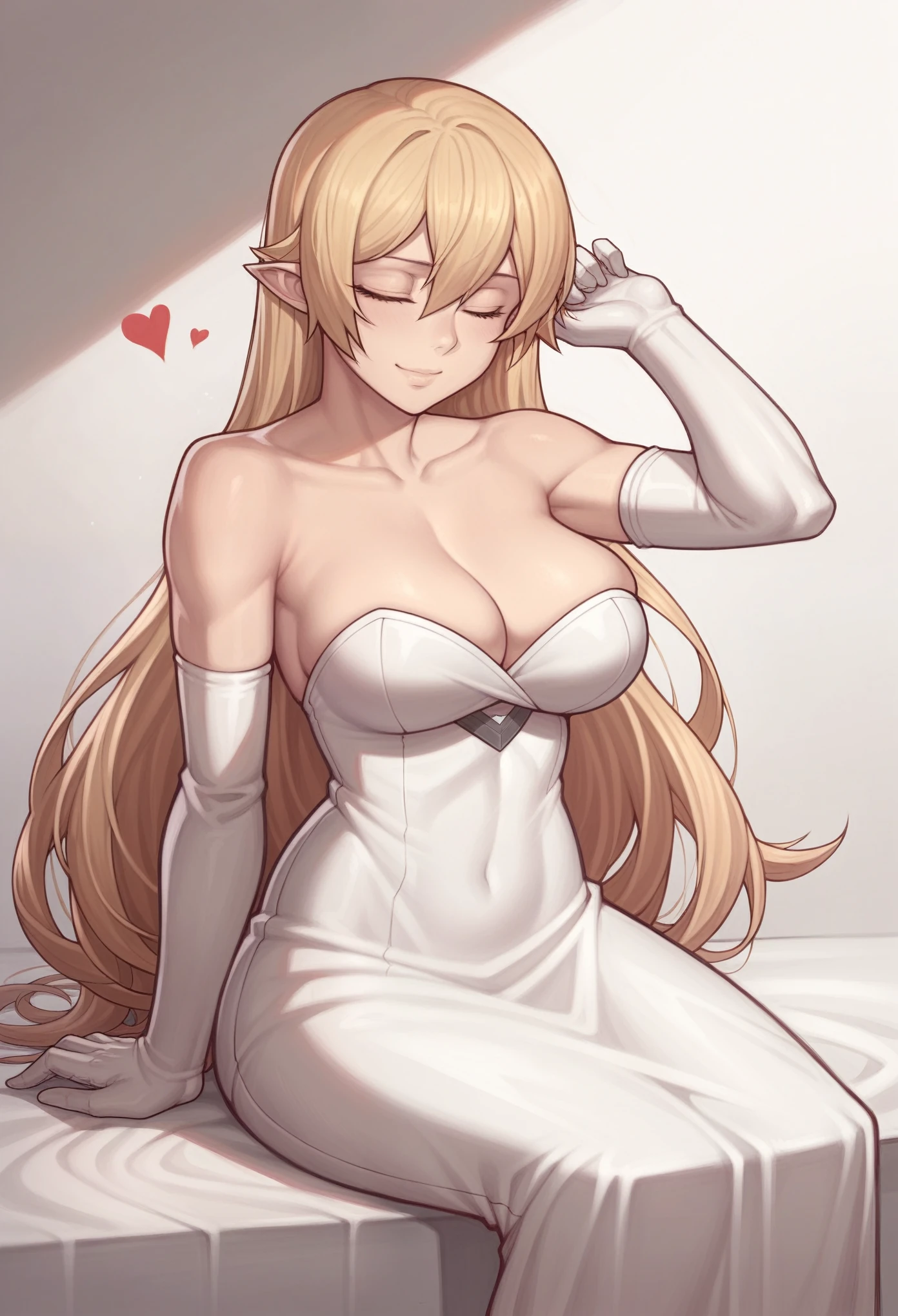 _asura style, 1girl, oshino_shinobu, kiss-shot_acerola-orion_heart-under-blade, breasts, solo, long_hair, blonde_hair, dress, red_dress, pointy_ears, large_breasts, closed_eyes, bare_shoulders, very_long_hair, sitting, gloves, elbow_gloves, cleavage, strapless, ribbon, hair_ribbon, strapless_dress, armpits, white_background, bangs, collarbone, smile, closed_mouth