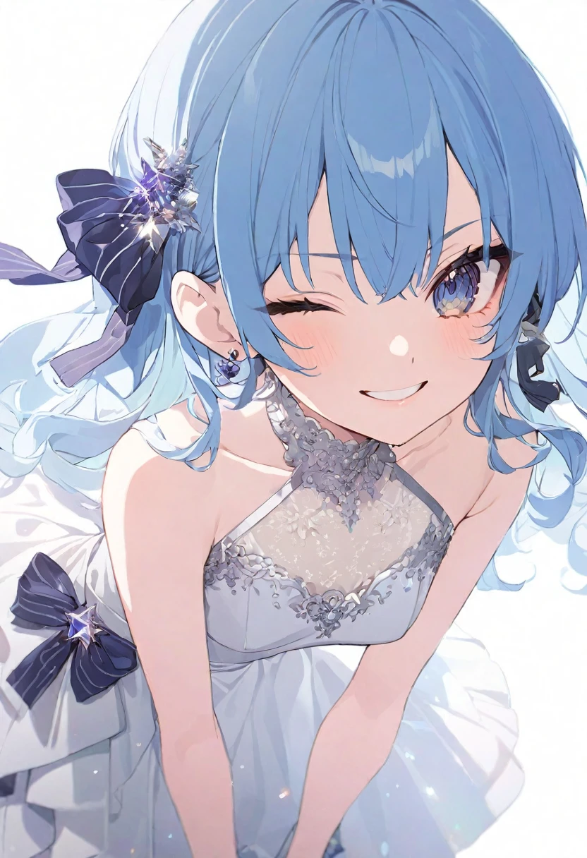 (muste piece), (best quality), very detailed eyes, expressive eyes, perfect face, very detailed face, highly detailed face, beautiful girl, 8K, beautiful girl, white background, delicate and beautiful face and eyes, dark intense shadow, 
1 girl, vtuber style, cool girl, hololive, Hoshimachi Suisei, blue hair, see-through:evening dress, small chest, cropped shoulders, clavicle, one eye close winking, smile, (full body), standing,