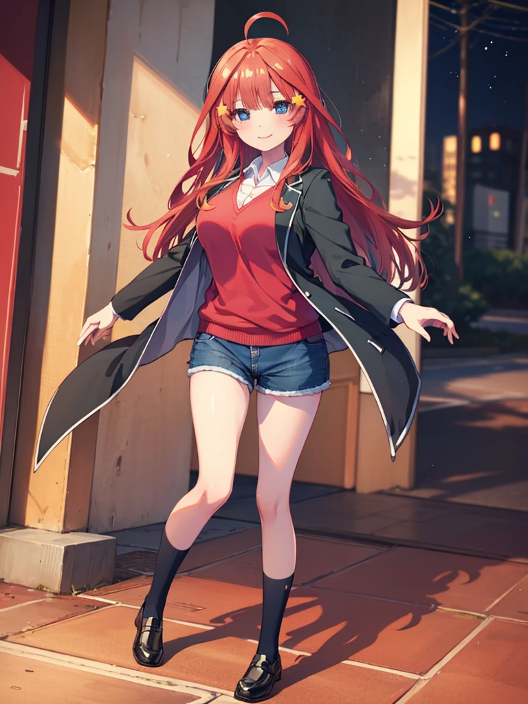 (8K, Highest quality, Highest quality, masterpiece), aaitsuki, long hair, ahoge, star hair ornament, (fullbody), smile, school uniform, blazer, black jacket, open jacket, red sweater, long sleeves, (denim hot shorts), (mini shorts), big breasts