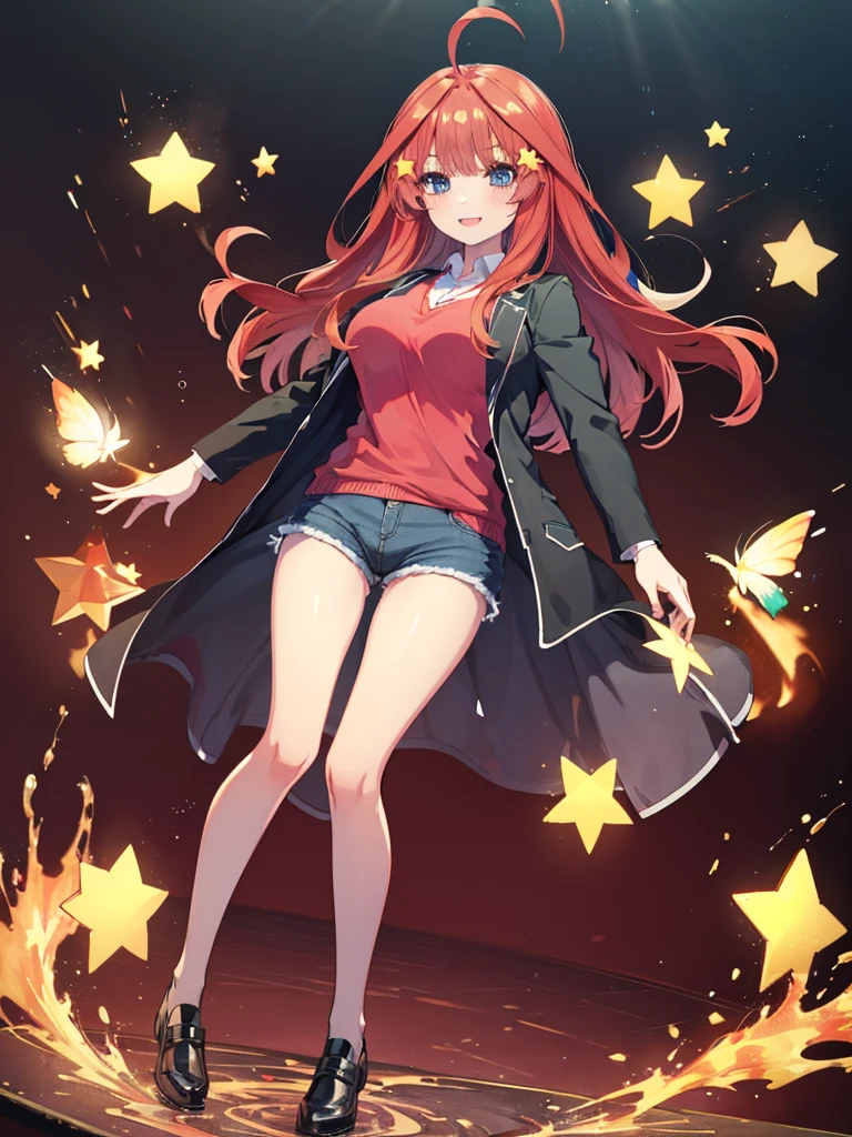 (8K, Highest quality, Highest quality, masterpiece), aaitsuki, long hair, ahoge, star hair ornament, (fullbody), smile, school uniform, blazer, black jacket, open jacket, red sweater, long sleeves, (denim hot shorts), (mini shorts), big breasts