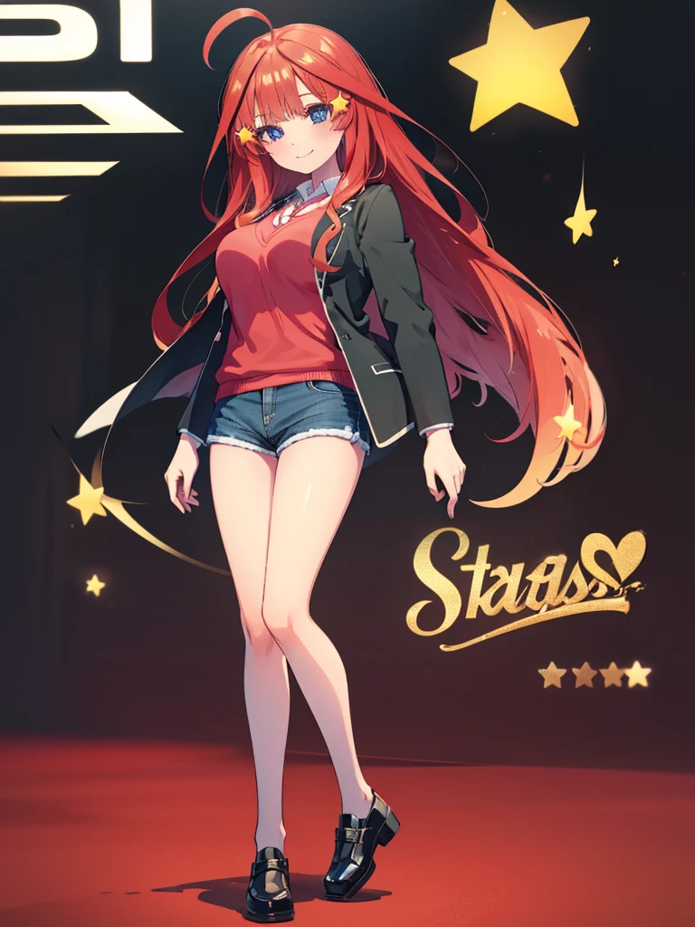 (8K, Highest quality, Highest quality, masterpiece), aaitsuki, long hair, ahoge, star hair ornament, (fullbody), smile, school uniform, blazer, black jacket, open jacket, red sweater, long sleeves, (denim hot shorts), (mini shorts), big breasts