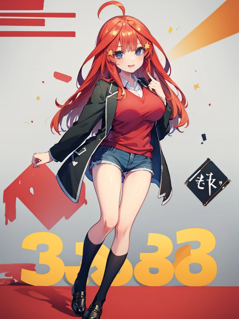 (8K, Highest quality, Highest quality, masterpiece), aaitsuki, long hair, ahoge, star hair ornament, (fullbody), smile, school uniform, blazer, black jacket, open jacket, red sweater, long sleeves, (denim hot shorts), (mini shorts), big breasts
