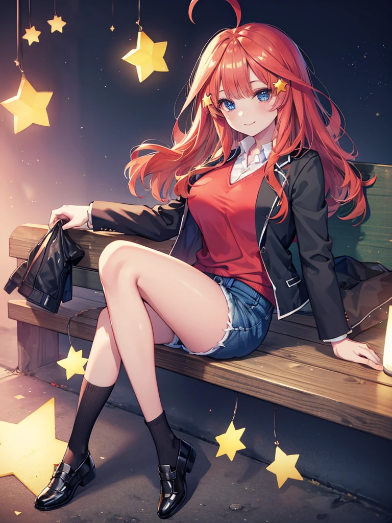 (8K, Highest quality, Highest quality, masterpiece), aaitsuki, long hair, ahoge, star hair ornament, (fullbody), smile, school uniform, blazer, black jacket, open jacket, red sweater, long sleeves, (denim hot shorts), (mini shorts), big breasts