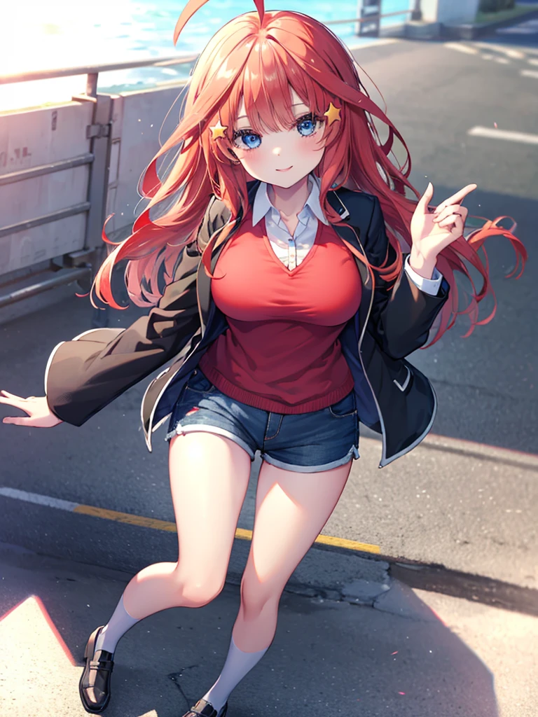 (8K, Highest quality, Highest quality, masterpiece), aaitsuki, long hair, ahoge, star hair ornament, (fullbody), smile, school uniform, blazer, black jacket, open jacket, red sweater, long sleeves, (denim hot shorts), (mini shorts), big breasts