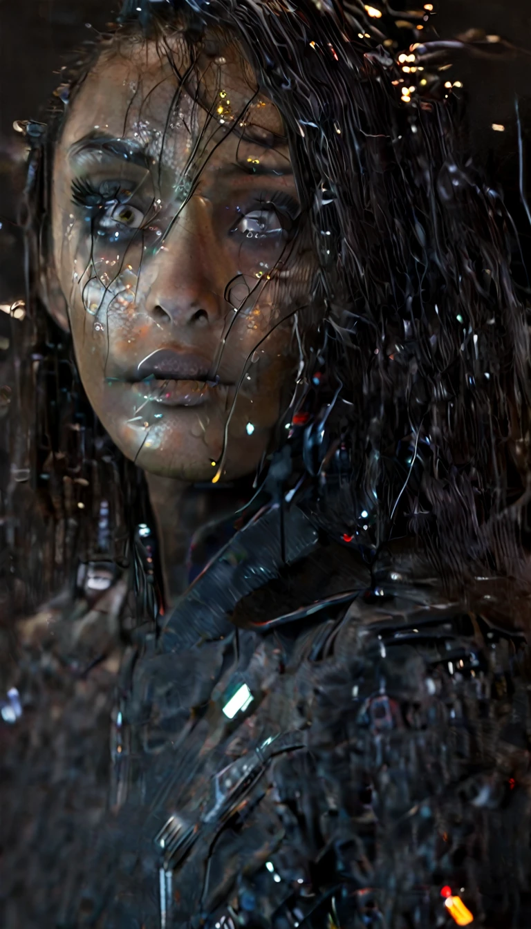 battle damage , missing arm ,bright yellow eyes, ultra-detailed,vibrant colors,sci-fi,portrait,dramatic lighting,detailed facial features,dark background,long hair,glowing eyes,futuristic clothing,expressionless face,metallic texture,bright highlights,high contrast,radiant colors,artificial intelligence theme,sharp focus,technological elements,shadows and highlights,ethereal glow,neon lights,stormy atmosphere,otherworldly setting,unconventional composition,sharp lines,sleek design,mysterious atmosphere,unearthly beauty,digital enhancements,advanced technology,glowing circuitry,abstract background,ominous presence,subtle reflections,energetic pose,unique perspective,foreshortening effect,symmetrical composition,imposing presence,dynamic energy,striking visual impact,translucent overlays,organic and mechanical fusion.
