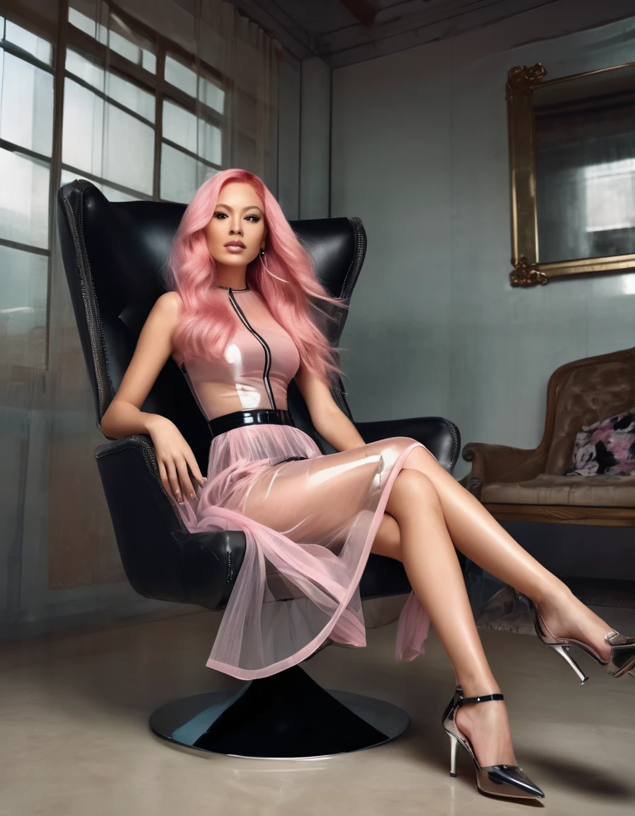 ((Pink satin tanktop)) Indian model ((reclining on a luxurious green velvet chaise lounge)) , set against a dark background, with luscious flowing locks, slim figure, ample cleavage, toned legs, and ((high heels)), exuding confidence and glamour."