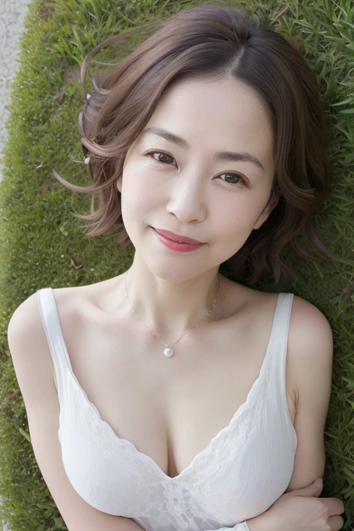 Beautiful mature 55 year old Japanese woman, Married women, Fine Lines, Long eyelashes, Shining Eyes, Bob Cut Hair, smile, Red lipstick, elegant, Gorgeous figure, Pearl Necklace, White leotard, whole body, sunny, lying on the green grass, Sleep on your back, (Highest quality,4K,8K,High resolution,masterpiece:1.2),Very detailed,(Realistic,photoRealistic,photo-Realistic:1.37),High resolution,超High resolution,Studio Lighting,Ultra-fine painting,Sharp focus,Physically Based Rendering,Very detailed説明,Professional,Vibrant colors,Bokeh,Portraiture