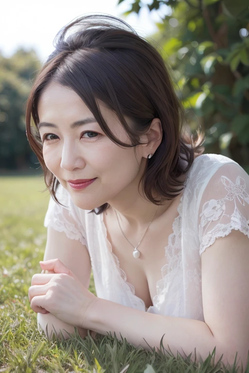 Beautiful mature 55 year old Japanese woman, Married women, Fine Lines, Long eyelashes, Shining Eyes, Bob Cut Hair, smile, Red lipstick, elegant, Gorgeous figure, Pearl Necklace, White leotard, whole body, sunny, lying on the green grass, Sleep on your back, (Highest quality,4K,8K,High resolution,masterpiece:1.2),Very detailed,(Realistic,photoRealistic,photo-Realistic:1.37),High resolution,超High resolution,Studio Lighting,Ultra-fine painting,Sharp focus,Physically Based Rendering,Very detailed説明,Professional,Vibrant colors,Bokeh,Portraiture