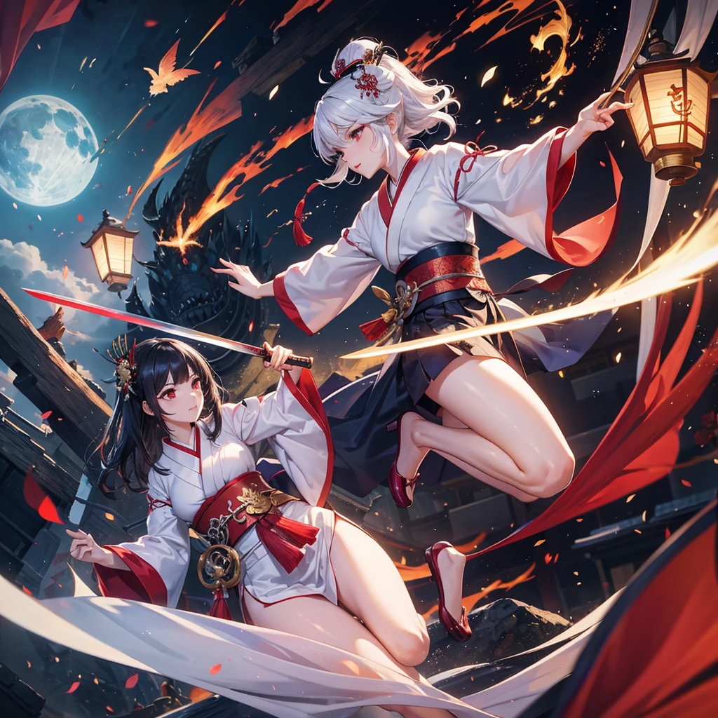 beautiful geisha, sword, dragon, dance