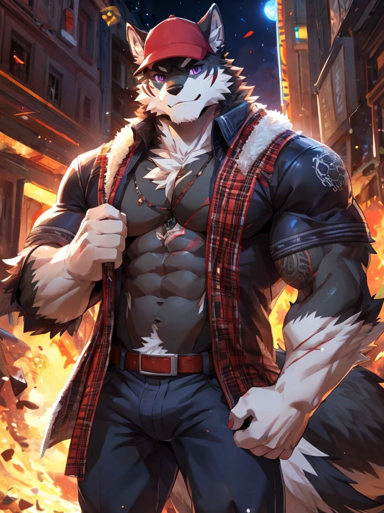 embedding:Black wolf，male, Purple eyes,Scar on the face, Single Person,black fur.The chest and abdomen are white fur.A film actor,in the movie set.Wear casual clothes.Wearing a cap,Tattoo,Adult male,strong,Handsome,Muscular,Tall,Best quality hands, best quality eye，detailed fur，Delicate eyes.Extreme picture quality，by sollyz,by zixiong,by null_ghost