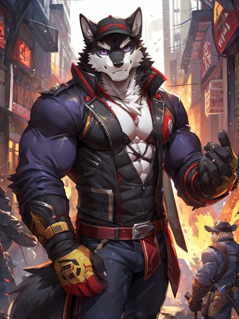 embedding:Black wolf,male, Purple eyes,Scar on the face, Single Person,black fur.The chest and abdomen are white fur.A film actor,in the movie set.Wear casual clothes.Wearing a cap,Tattoo,Adult male,strong,Handsome,Muscular,Tall,Best quality hands, best quality eye,detailed fur,Delicate eyes.Extreme picture quality,by sollyz,by zixiong,by null_ghost