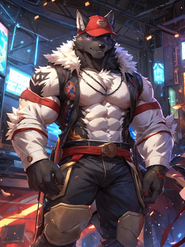 embedding:Black wolf，male, Purple eyes,Scar on the face, Single Person,black fur.The chest and abdomen are white fur.A film actor,Daily life,Wearing a cap,Tattoo,Adult male,strong,Handsome,Confident,Young,Muscular,Tall,Best quality hands, best quality eye，detailed fur，Delicate eyes.Extreme picture quality，by sollyz,by zixiong,by null_ghost