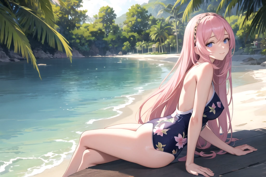 (masterpiece, best quality), amazing, Fine details, realistic, Official art, the Extremely Detailed CG Unity 8K Wallpapers, Masterpiece Portrait, realistic, photo, (1 woman:1.5), (1 girl:1.5), (solo girl:1.5), (perfect woman body), realistic, photo, (beautiful woman faces:0.9), (Captivating anime woman), Beautiful style, (luka megurine), (long pink hair), bright blue eyes, smile, (slender body), (medium breasts:1.1), large , on beach, (botanical print swimsuit:1.3), (random color swimsuit:1.3), closed_mouth, looking at viewer, palm_trees, sitting under trees, scenery focus, aerial_view, summer, (beach), nature, daybreak, blue_sky, horizon, landscape, perfect lighting, aesthetic, wallpaper, scenery, from-side, from behind, high leg swimsuit,
