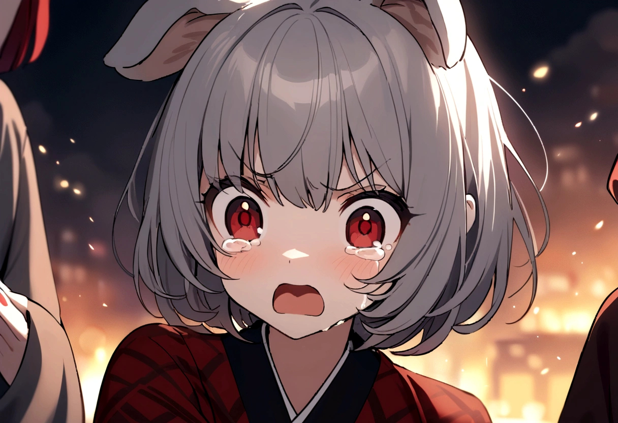 girl,cute,Small breasts,Gray Hair,Dog Ears,short hair,Red eyes,kimono,countryside,night,I am very surprised、Crying and angry
