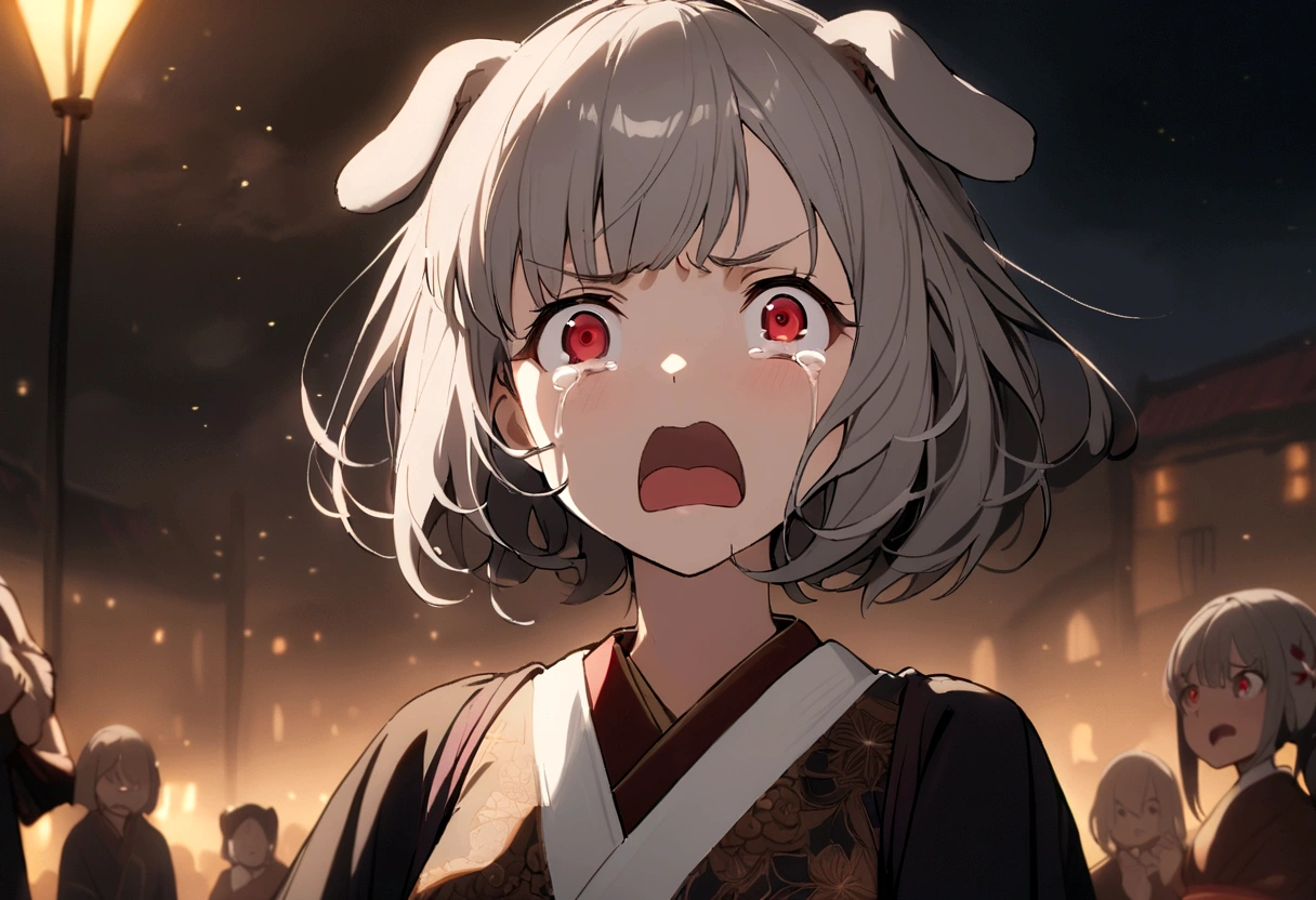 girl，cute，Small breasts，Gray Hair，Dog Ears，short hair，Red eyes，kimono，countryside，night，I am very surprised、Crying and angry