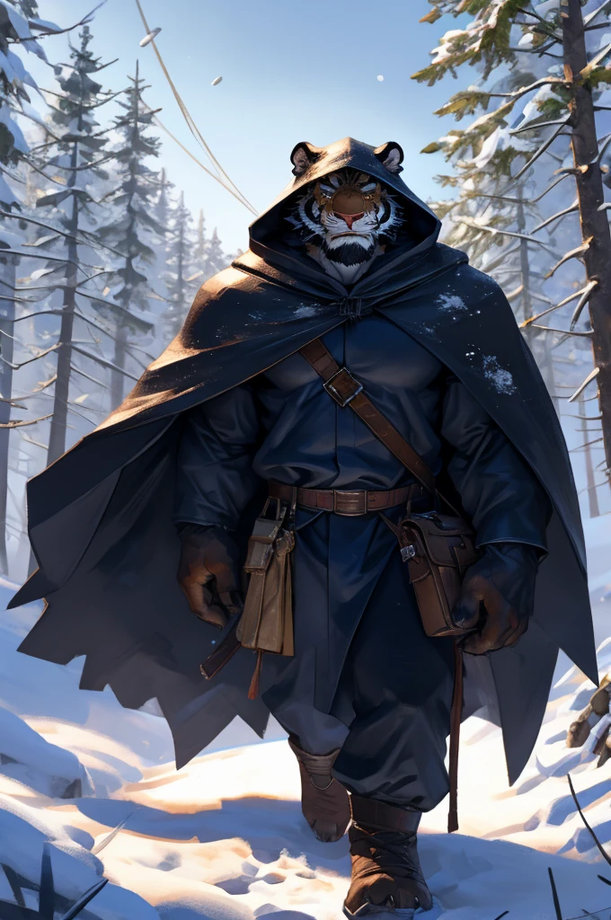 By Taran fiddler, solo, male, orange tiger man, dressed in a cloak and satchel, muscular, older male, wearing hood, cloak hiding face, eyes hidden by cloak hood, beard, walking towards viewer, smaller silhouette behind the tiger, forest background, snowy, establishing camera shot, character is far in the background, zoomed out, dynamic angles, dynamic posing.