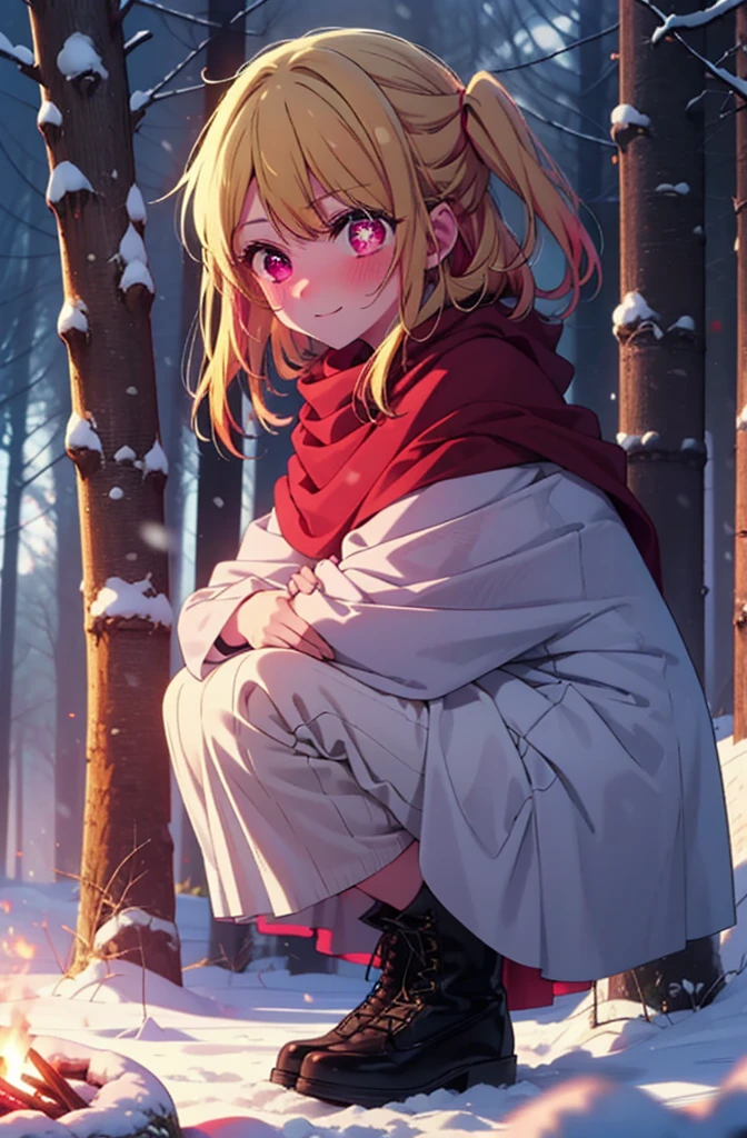 rubyhoshino, Hoshino Ruby, Long Hair, bangs, Blonde, (Pink Eyes:1.3), (Symbol-shaped pupil:1.5), Multicolored Hair, Two-tone hair, smile,blush,White Breath,
Open your mouth,snow,Ground bonfire, Outdoor, boots, snowing, From the side, wood, suitcase, Cape, Blurred, , forest, White handbag, nature,  Squat, Mouth closed, Cape, winter, Written boundary depth, Black shoes, red Cape break looking at viewer, Upper Body, whole body, break Outdoor, forest, nature, break (masterpiece:1.2), Highest quality, High resolution, unity 8k wallpaper, (shape:0.8), (Beautiful and beautiful eyes:1.6), Highly detailed face, Perfect lighting, Highly detailed CG, (Perfect hands, Perfect Anatomy),