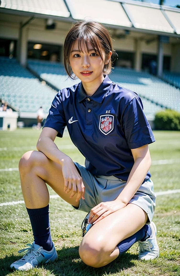 Holding a soccer ball in your hand、Photo at the soccer field、Blue Football Uniform、Japan National Football Team、Big breasts that can be seen even on top of the uniform、Braid only the front hair((National Stadium))、Full body photo、smile、 Caustics、Highly detailed photos、Very beautiful ideal short hair、Large Breasts、Super no makeup、(8K、RAW Photos、Highest quality、masterpiece:1.2)、(Realistic、Realistic)、1 Girl、((Medium Short Hair、Looking into the camera:1.4))、