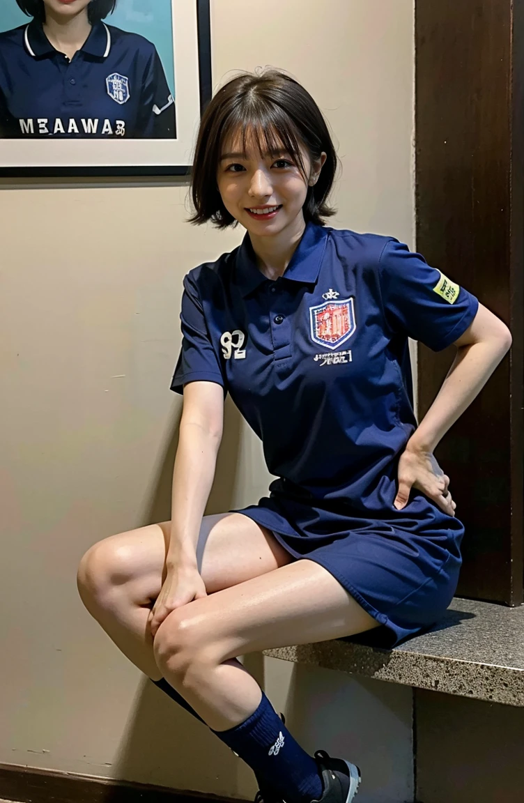 Holding a soccer ball in your hand、Photo at the soccer field、Blue Football Uniform、Japan National Football Team、Big breasts that can be seen even on top of the uniform、Braid only the front hair((National Stadium))、Full body photo、smile、 Caustics、Highly detailed photos、Very beautiful ideal short hair、Large Breasts、Super no makeup、(8K、RAW Photos、Highest quality、masterpiece:1.2)、(Realistic、Realistic)、1 Girl、((Medium Short Hair、Looking into the camera:1.4))、