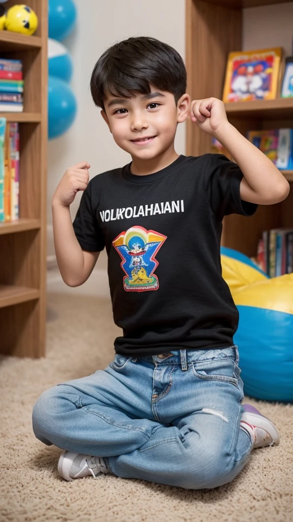 Depict Nurdinov Volkan Vakhitdinovich, a boy with a strong character and charisma. The name Volkan is associated with volcanoes, symbolizing power and energy. He appears as an energetic and confident . He has short dark hair and a mischievous look. Volkan is dressed in a bright t-shirt and jeans, highlighting his active and cheerful nature. Around him, there is a fun atmosphere — toys, books, and video games, indicating his curiosity and active lifestyle.