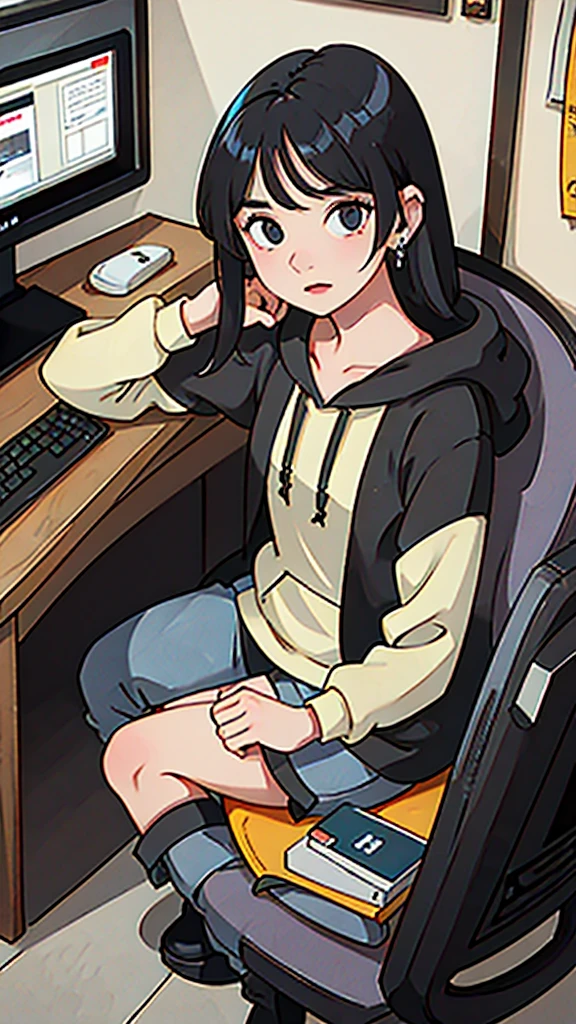 hoodie, earring, sitting, gaming pc, black hair