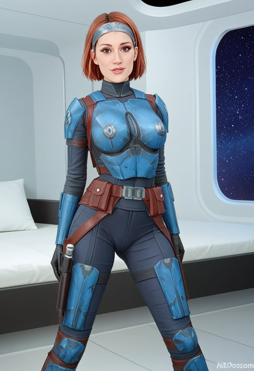 score_9_up, score_8_up, score_7_up, 1girl, solo, mature female, ((Bo Katan)), orange bob hair, brown eyes, pink lips, parted lips, fit slim body, (((blue and white Mandalorian armor suit))), (((white Starship room, space in the porthole, white furniture, highly detailed interior))), perfect model body, seductive pose