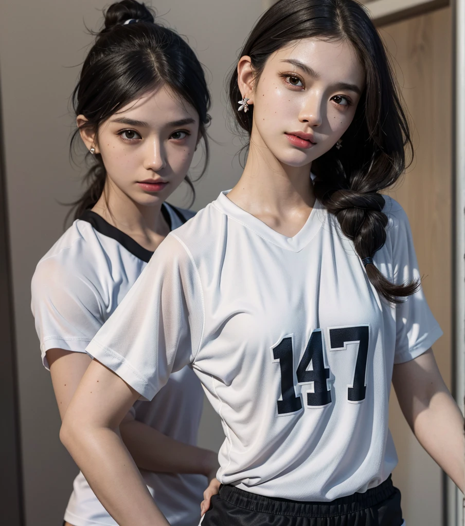 absurdres, RAW photo, extremely delicate and beautiful, masterpiece, Best Quality, ultra high resolution, 32k, hyperrealistic, ultra-detailed, Very detailed CG 8k wallpaper, Beautiful Lighting, Perfect Lightning, Realistic Shadows, (perfect anatomy:1.2), super Detailed skin, perfect figure, Japanese woman, late 20s, very Slim body, narrow waist, very small head, handsome detailed woman, very detailed eyes and face, realistic face proportions, Stunning detailed eyes, Realistic beautiful face, very small face, Realistic small beautiful eyes, tearful mole, earring, medium breasts, (full body shot:1.2), medium hair, black hair, (volleyball Jersey:1.4), (shorts:1.2),
