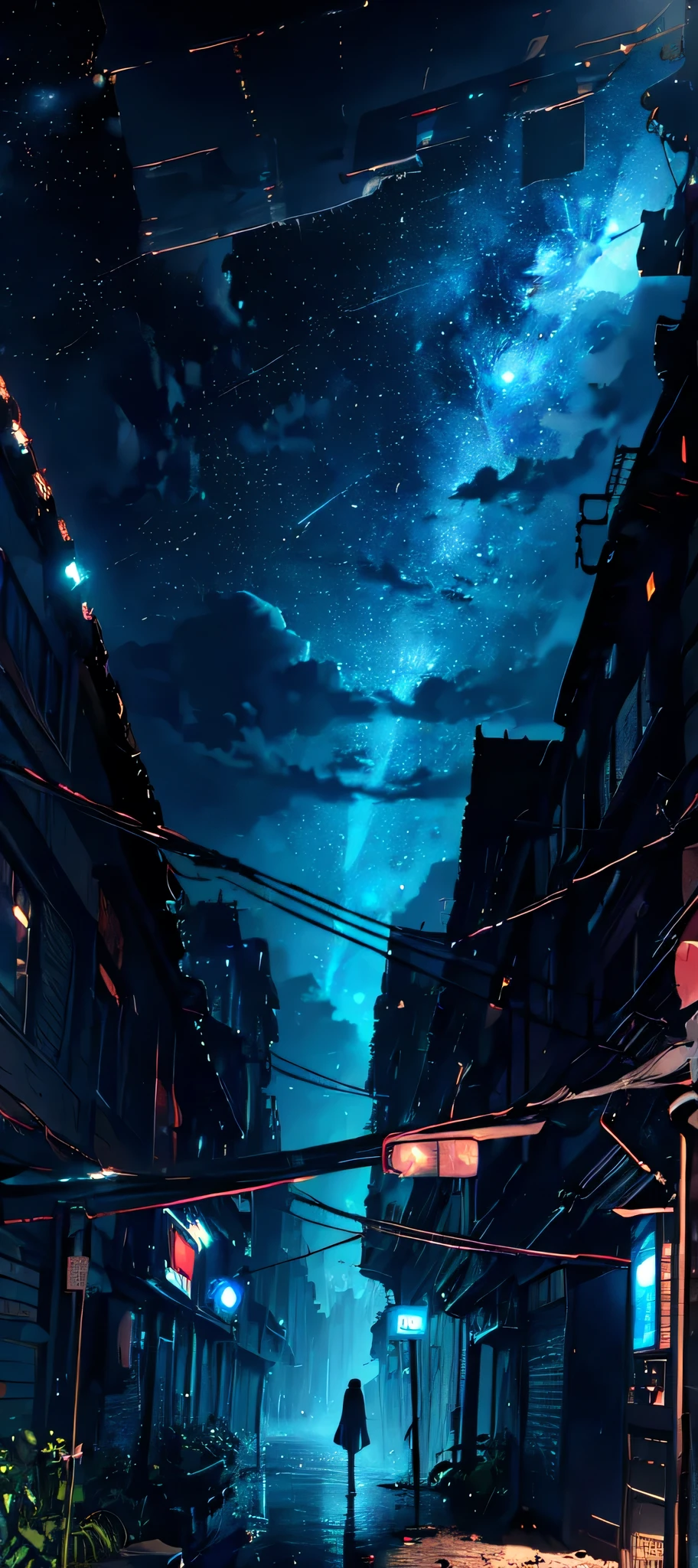 A girl, night city, rain, large room, looking up, night, moon, plants, starry sky, stars, night sky, constellations, dynamic, landscape, moon, Ultra HD, otherworldly, clouds, 8k resolution, long shot in a dark room, scenic professional photo hologram, water pipe leak, graffiti, server cable connector, ceiling cables, LED spotlight, trash can, dirty surfaces, broken ceiling, octane rendering, 8k, ultra-sharp, metal, intricate, holographic ad decorations, highly detailed, realistic light, CGSociety trend, RAW candid cinema, 16mm, color-graded Portra 400 film, stunning colors, ultra-realistic, textured skin, incredibly detailed pupils, realistic skin noise, visible skin details, skin fuzz, dry skin, shot with a film camera, perfect perspective, very detailed, wide-angle lens, ultra-realistic, dramatic sky, polarizing filter, natural light, vivid colors, everything in sharp focus, high resolution, ultra-high resolution, floating in space, vivid digital illustration, quantum wave tracing, black background, Behance HD, meteors, comets, shooting stars, sadness, ugliness, pain.