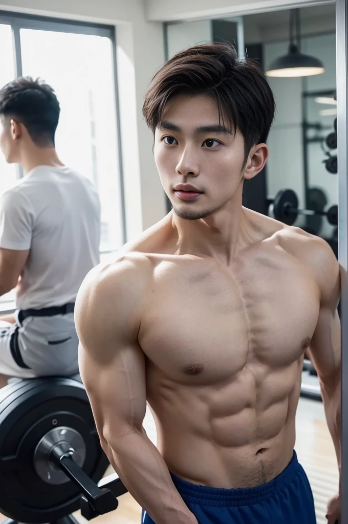 Korean man, Inspiration from Peng Yuyan, 30 years old, 236 years old, Cute Korean Face, 35 yo, 33 year old Korean muscular man,The gym is in the back.