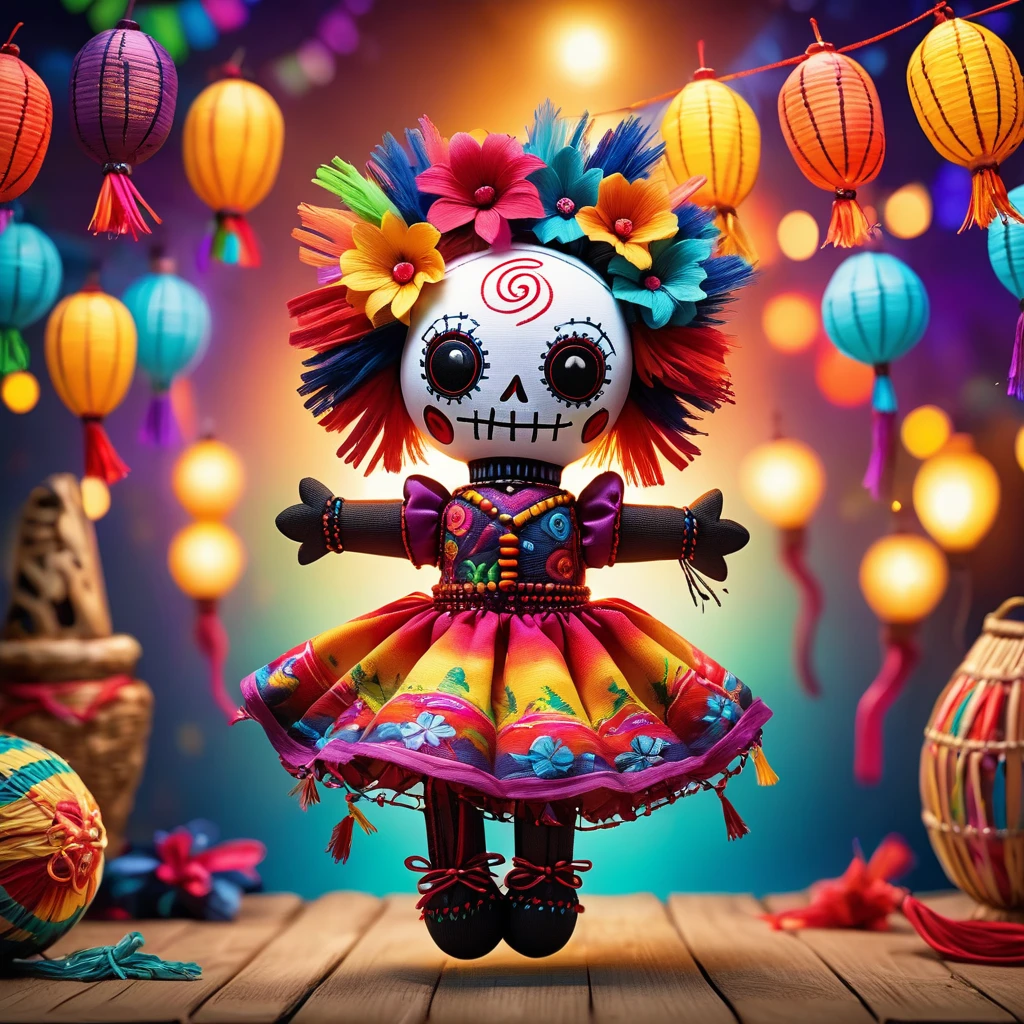 (knitted toy voodoo doll:1.5), (Voodoo Doll at a Summer Festival:1.3), (Clothing: colorful festival attire with floral patterns:1.0), (Accessories: enchanted fan emitting refreshing breeze, floating lanterns:1.1), (background: lively summer festival with dancing, music, and vibrant decorations:1.2), best quality, masterpiece, detailed soft oil painting, detailed background, dramatic cinematic lighting, soft edge lighting, professional, dramatic lighting, hard edge lighting,
ultra quality, 4k,masterpiece, best quality, 8k, ultra highres, highres, extremely detailed