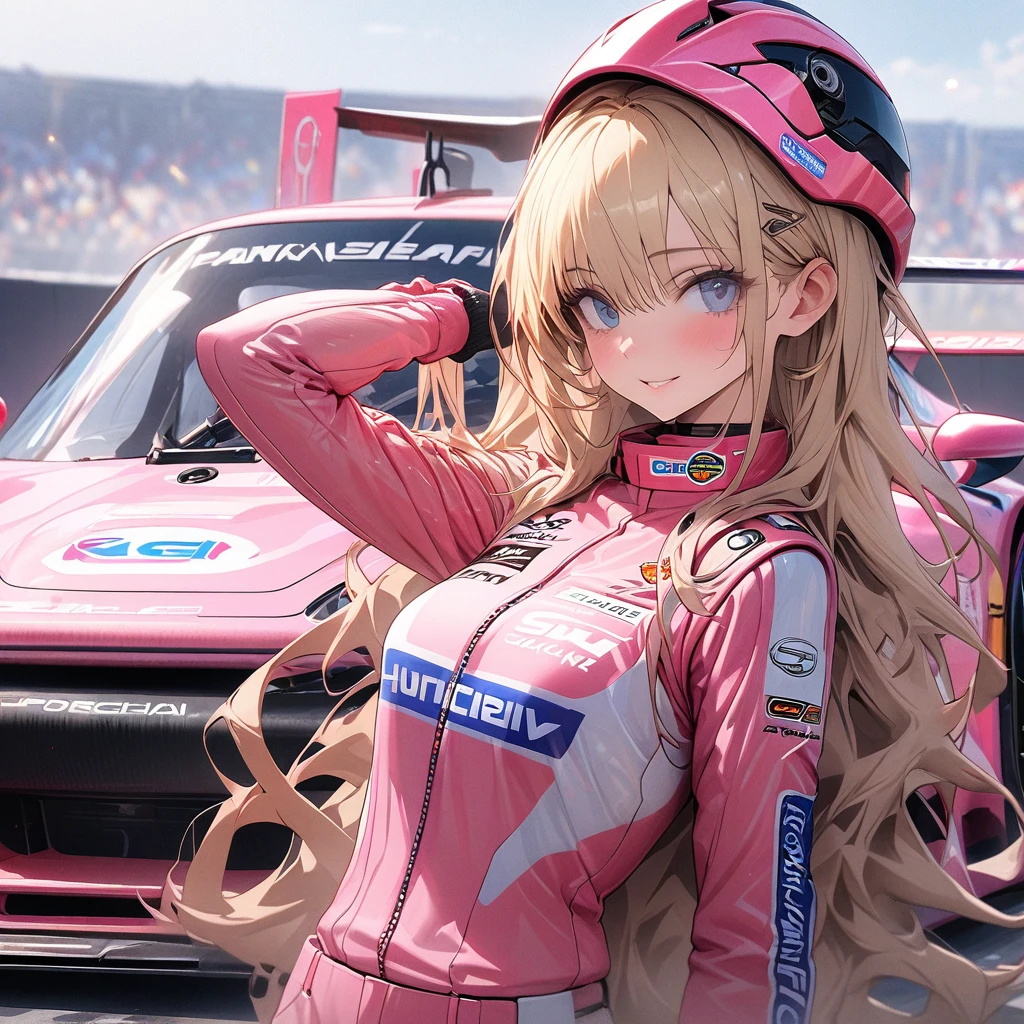 High resolution digital CG image, a beautiful futuristic girl is posing in front of a Porsche 911 ,The girl has long hair with a mixture of blonde hair and blue eye.She is wearing a pink racing suit with mecha-style decorations, and there are many sponsor logos on the suit.The pink color racing car is a Porsche 911  car type with a canopy in the cockpit.It has a futuristic cyber-like body shape and numerous sponsor logos on the body. circuit starting grid background, (holding a full face type pink helmet under her arm :1.2)、striking a cool pose next to her car.、Cybertic expression of the future, the texture of beautiful hair, the luster of skin, the beauty of eyes, the luster and texture of a racing suit, the beauty of the racing car body and mechanical expression,(master piece4k, 8k,best quality1.2)ultra detail