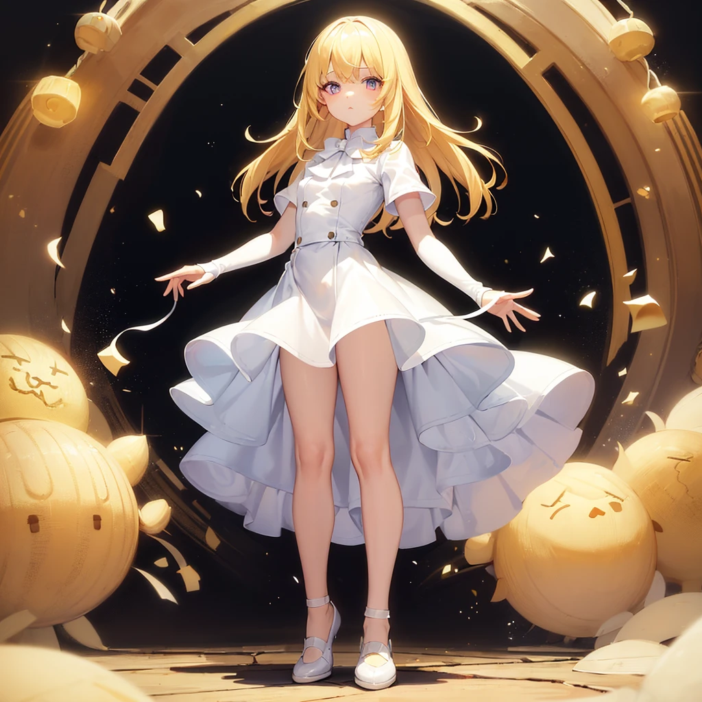 ((White leather shoes)),Cute little ,Tiny ,Small girl,,Childish face, Very fine clean face,Top quality, Big eyes,Straight Hair,Yellow hair,Crimson Eye,(Dark Room), Subtle light, Natural light,Soft lighting,Light from directly behind, (Are standing), Cute pose, (Open your hands), Showing the whole body,Front view,Black background