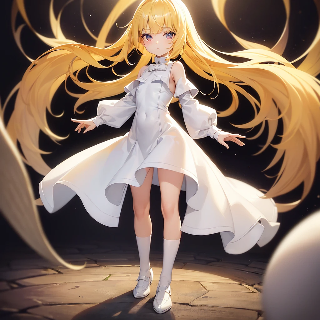 ((White leather shoes)),Cute little ,Tiny ,Small girl,,Childish face, Very fine clean face,Top quality, Big eyes,Straight Hair,Yellow hair,Crimson Eye,(Dark Room), Subtle light, Natural light,Soft lighting,Light from directly behind, (Are standing), Cute pose, (Open your hands), Showing the whole body,Front view,Black background
