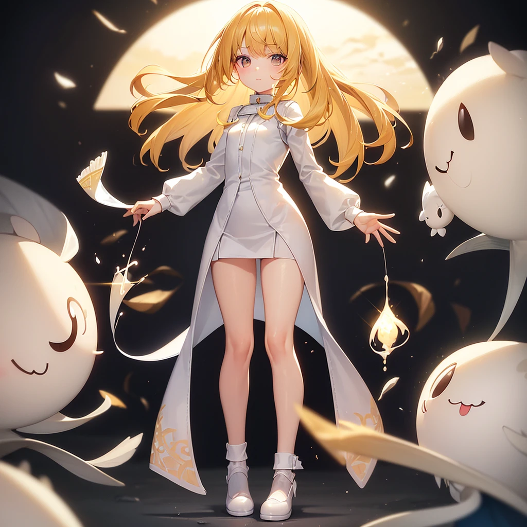 ((White leather shoes)),Cute little ,Tiny ,Small girl,,Childish face, Very fine clean face,Top quality, Big eyes,Straight Hair,Yellow hair,Crimson Eye,(Dark Room), Subtle light, Natural light,Soft lighting,Light from directly behind, (Are standing), Cute pose, (Open your hands), Showing the whole body,Front view,Black background