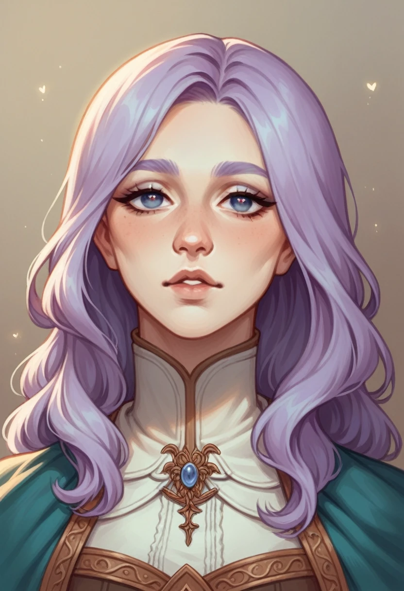 A 20-year-old human female with a mesomorph build, fair skin, and long lavender hair styled simply, cascading down her back in gentle waves. She has an oval face with soft, balanced features, and her almond-shaped eyes convey a sense of calm and curiosity. Her full lips are naturally rosy, and her medium eyebrows, arched high, frame her face beautifully. She has a medium, straight nose that complements her delicate appearance. Medieval fantasy adventurer's clothing