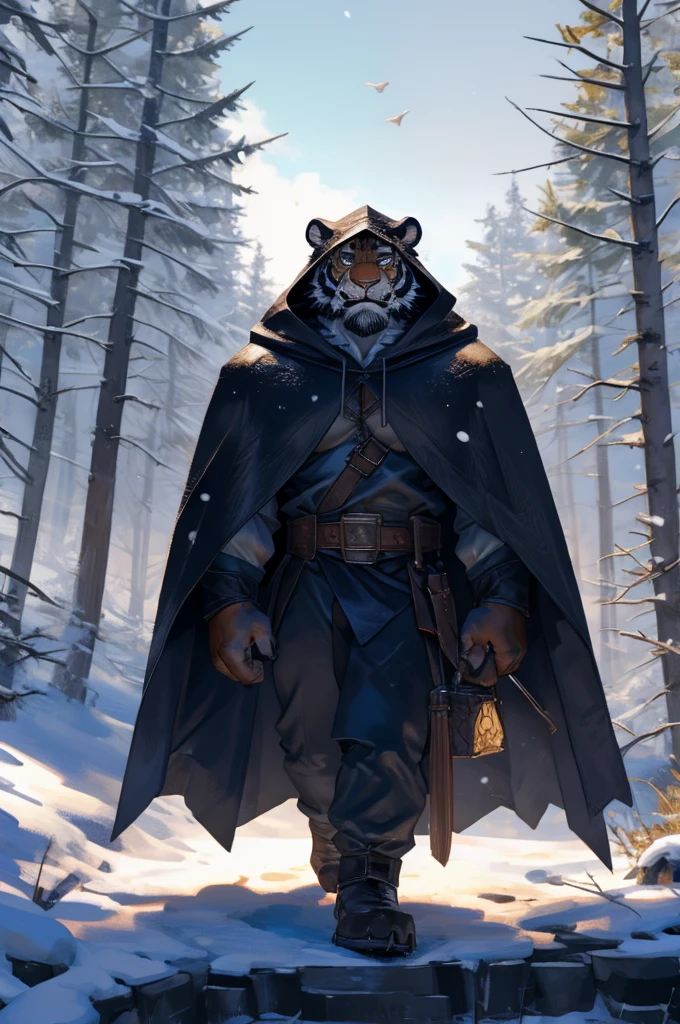 By Taran fiddler, solo, male, orange tiger man, dressed in a cloak and satchel, muscular, older male, wearing hood, cloak hiding face, eyes hidden by cloak hood, beard, not showing face, pulling hood down, face is obscured, walking towards viewer, smaller silhouette behind the tiger, forest background, snowy, establishing camera shot, character is far in the background, zoomed out, dynamic angles, dynamic posing.