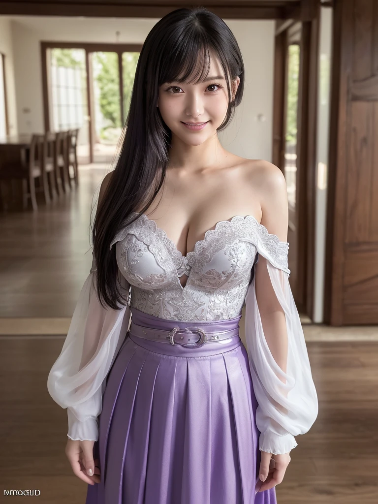 a beautiful japanese girl, very cute high school girl assassin, detailed portrait of innocent  virgin,  in front of a lord's manor at the main entrance, (off-shoulder silver breastplate), (purple 
long maxi-skirt:1.2), (purple arm cover, silver booties), ((full body, standing,come into the house:1.2)), ((coy demonic smile, white teeth, open mouth:1.2)), greeting, blushing, fidgeting hands, translucent skin, hands clasped in front, small breasts, cleavage, glossy straight medium black hair, asymmetrical bangs,  ((best quality, 4k, 8k, highres, masterpiece, ultra-detailed, realistic, photorealistic, photo-realistic, intricate detail, highly realistic:1.3)), dramatic lighting, muted color palette, cinematic composition, emotional portrait