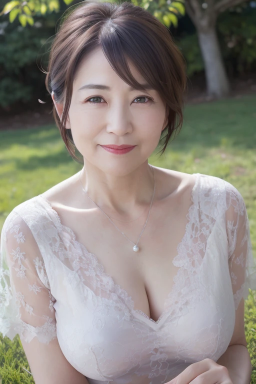 Beautiful mature 55 year old Japanese woman, Married women, Fine Lines, Long eyelashes, Shining Eyes, Bob Cut Hair, smile, Red lipstick, elegant, Pearl Necklace, Sexy Lingerie, whole body, sunny, lying on the green grass, (Sleep on your back), (Highest quality,4K,8K,High resolution,masterpiece:1.2),Very detailed,(Realistic,photoRealistic,photo-Realistic:1.37),High resolution,超High resolution,Studio Lighting,Ultra-fine painting,Sharp focus,Physically Based Rendering,Very detailed説明,Professional,Vibrant colors,Bokeh,Portraiture