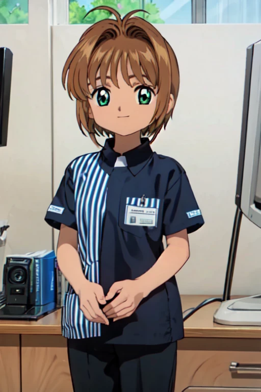 konbini, scenery, shop, indoors, || LAWSONU, employee uniform, uniform, id card, striped, shirt, pants,, ultra detailed, masterpiece, best quality, aesthetic, detailed,, solo, soft smile, light smile,
1girl, medium breasts,アニメ,cute, 6 year old girl,Short Bob Hair,Brown Hair,Your eyes are shining,Happy expression,Beautiful background,High resolution backgrounds,Card Captor Sakura