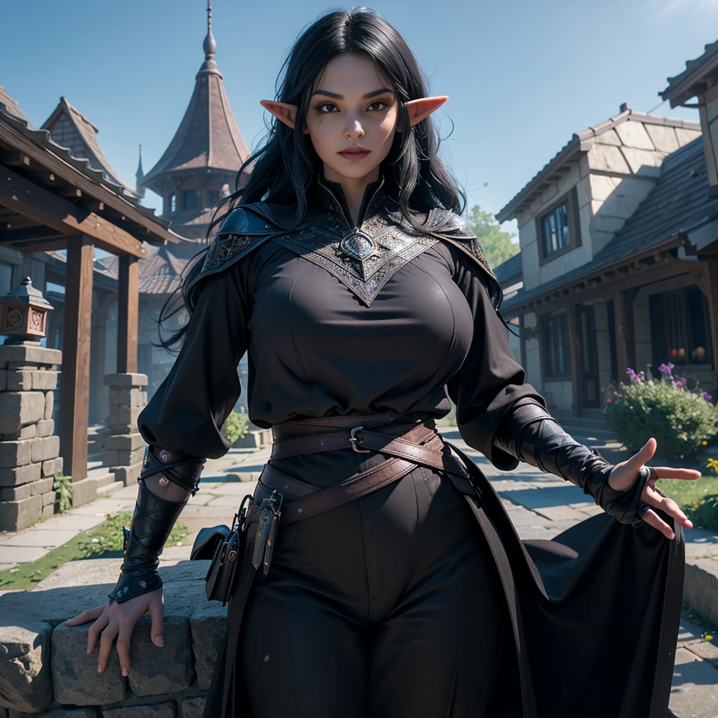 ((Best quality)), ((masterpiece)), (detailed: 1.4), 3D, (half-elf sorceress), (black hair, purple eyes:1.5, pale brown skin), (black robe, purple sleeves, grey pants, black boots and black armbands), (huge tits, big booty, short, curvy), (heavy gothic makeup), HDR (High Dynamic Range),Ray Tracing,NVIDIA RTX,Super-Resolution,Unreal 5,Subsurface dispersion, PBR texture, Post-processing, Anisotropic filtering, Depth of field, Maximum clarity and sharpness, Multilayer textures, Albedo and specular maps, Surface shading, Accurate simulation of light-material interaction, Perfect proportions, Octane Render, Two-tone lighting,Wide aperture,Low ISO,White balance,Rule of thirds,8K RAW,