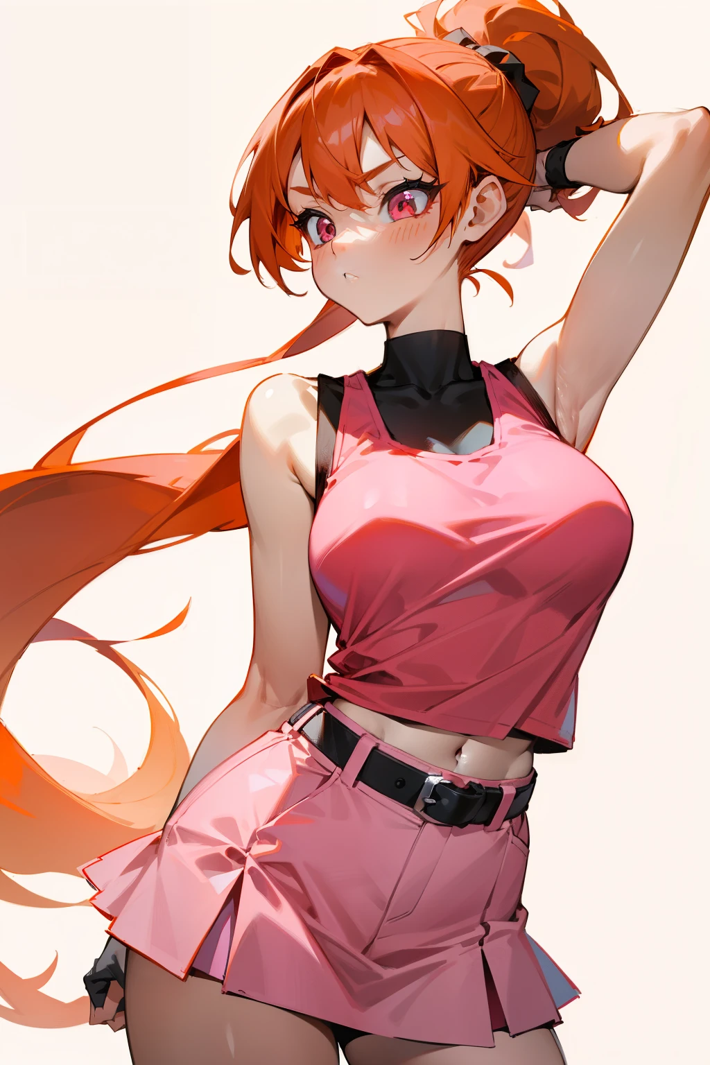 Cute girl, long ponytail orange hair, pink eyes, red hair tie, pink tank top, wide black belt, pink short skirt, big breasts