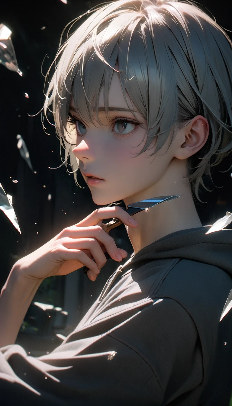 (8K, RAW photos, best quality, masterpiece: 1.4), (((The boy stands in absolute darkness)))，Ultra-high resolution, Extremely detailed,Upper body close-up, handsome boy, black eyes, (delicate eyes, Eyes are bright:1.2), Gray short hair, Fair skin,dark, Grey sweatshirt, sweatshirt with hood,(perfect anatomy:1.2), High-quality shadows, Natural Lighting, (White highlights:1.2), night, cloudy day, (Broken glass flying:1.2), (Boning knife in hand:1.2)