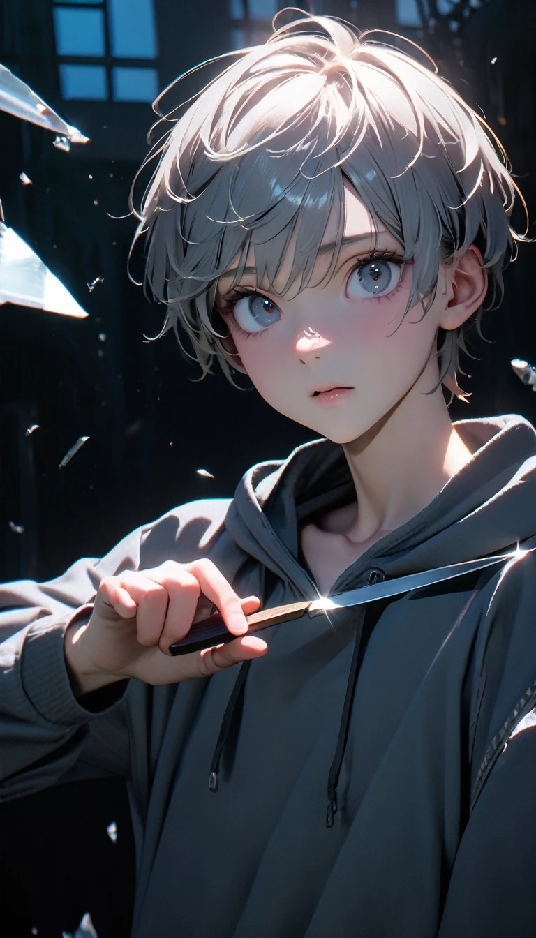 (8K, RAW photos, best quality, masterpiece: 1.4), (((The boy stands in absolute darkness))),Ultra-high resolution, Extremely detailed,Upper body close-up, handsome boy, black eyes, (delicate eyes, Eyes are bright:1.2), Gray short hair, Fair skin,dark, Grey sweatshirt, sweatshirt with hood,(perfect anatomy:1.2), High-quality shadows, Natural Lighting, (White highlights:1.2), night, cloudy day, (Broken glass flying:1.2), (Boning knife in hand:1.2)