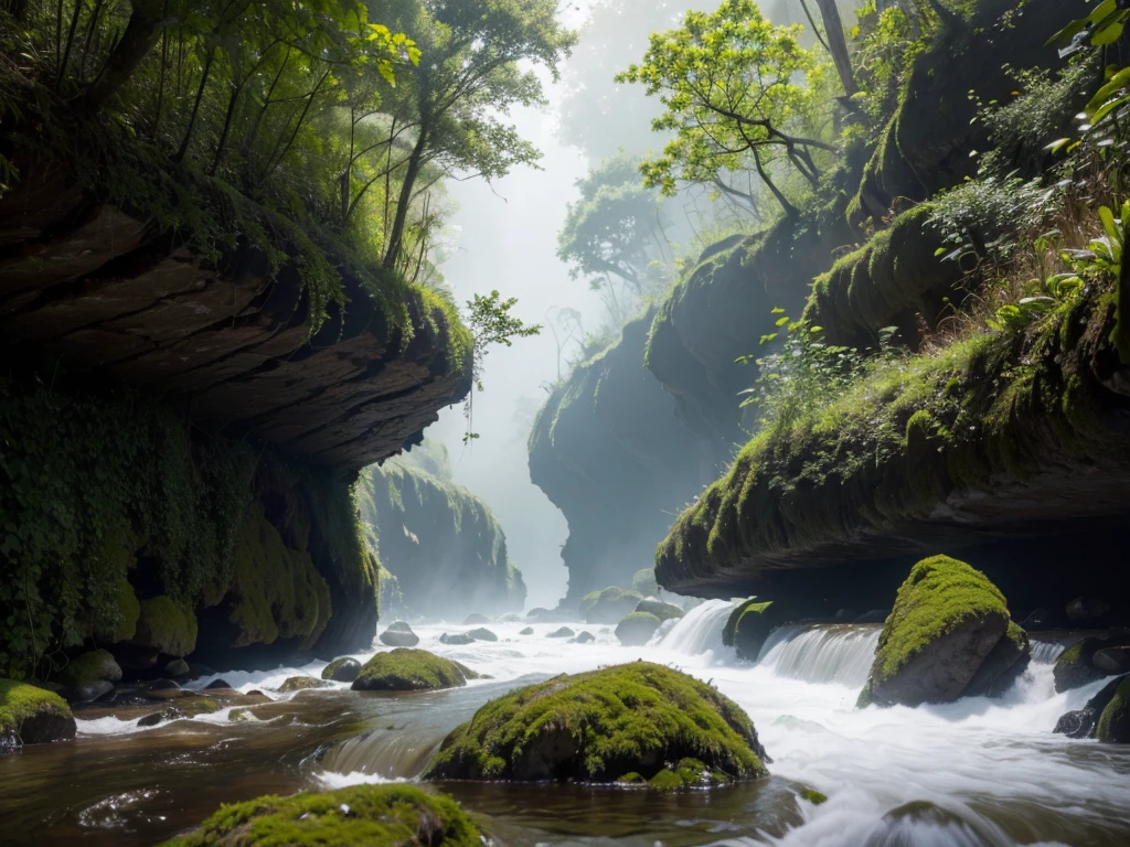 8K HD quality，Photos of the lush deep canyon, River forest forest grows in the river，Fog and leaves raft planks