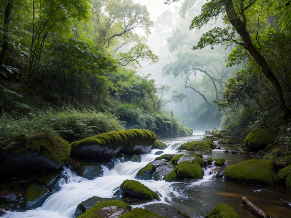 8K HD quality,Photos of the lush deep canyon, River forest forest grows in the river,Fog and leaves raft planks