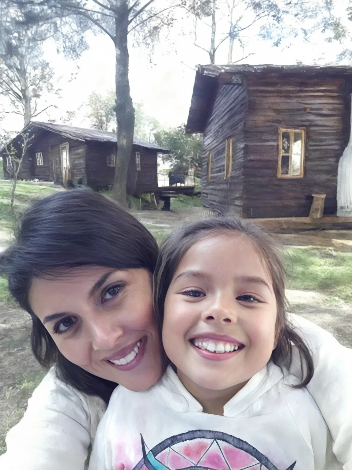 (watercolor painting), mother (28 years old), daughter () takes a selfie with a couple of cabins in the background, (vibrant, beautiful, painterly, detailed, textural, artistic)
